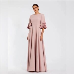 Mac Duggal 11854 Pink Crepe 3/4 Sleeve A-line Gown With Flower Trim NEW